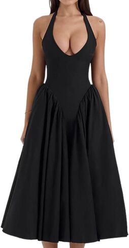 Women's Sexy Sleeveless Summer Dress Backless Deep V Neck Halter Bodycon Maxi Party Dress Beach Vacation Sundress in Saudi Arabia