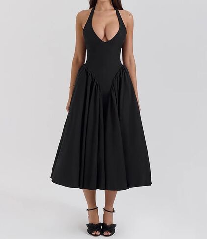Women's Sexy Sleeveless Summer Dress Backless Deep V Neck Halter Bodycon Maxi Party Dress Beach Vacation Sundress in Saudi Arabia