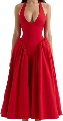 Women's Sexy Sleeveless Summer Dress Backless Deep V Neck Halter Bodycon Maxi Party Dress Beach Vacation Sundress in Saudi Arabia