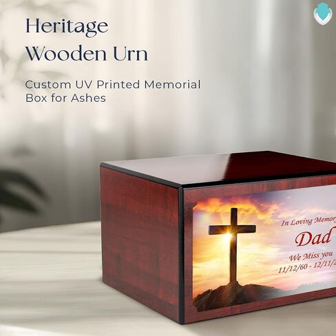 GetUrns Heritage Adult Cherry Wood Cremation Urn Box for Human Ashes I Cross UV Printing Wooden Urns for Male and Female I 213lbs in Saudi Arabia