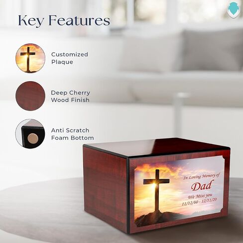 GetUrns Heritage Adult Cherry Wood Cremation Urn Box for Human Ashes I Cross UV Printing Wooden Urns for Male and Female I 213lbs in Saudi Arabia