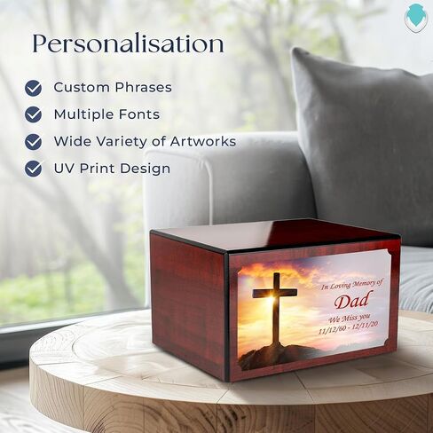 GetUrns Heritage Adult Cherry Wood Cremation Urn Box for Human Ashes I Cross UV Printing Wooden Urns for Male and Female I 213lbs in Saudi Arabia