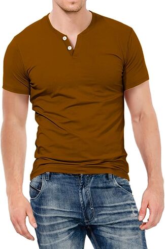 KUYIGO Mens Henley Shirts Slim Fit Short Sleeve Fashion Cotton Tops Tee in Kuwait