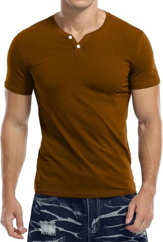 KUYIGO Mens Henley Shirts Slim Fit Short Sleeve Fashion Cotton Tops Tee in Kuwait