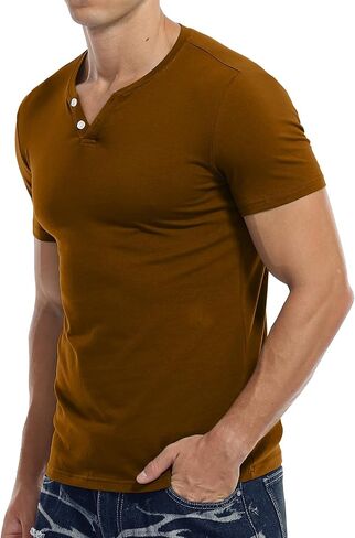 KUYIGO Mens Henley Shirts Slim Fit Short Sleeve Fashion Cotton Tops Tee in Kuwait