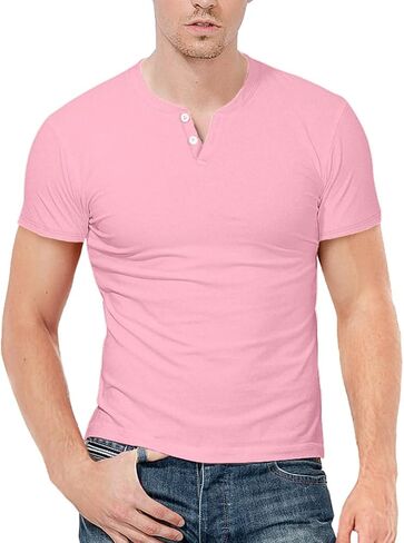 KUYIGO Mens Henley Shirts Slim Fit Short Sleeve Fashion Cotton Tops Tee in Kuwait