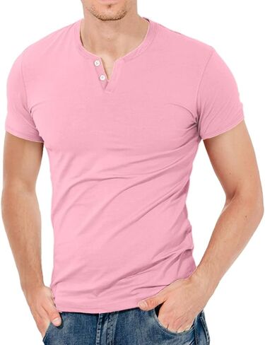 KUYIGO Mens Henley Shirts Slim Fit Short Sleeve Fashion Cotton Tops Tee in Kuwait