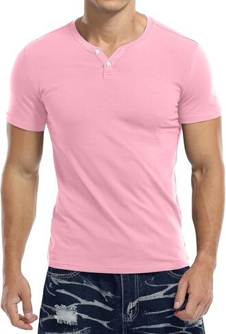 KUYIGO Mens Henley Shirts Slim Fit Short Sleeve Fashion Cotton Tops Tee in Kuwait