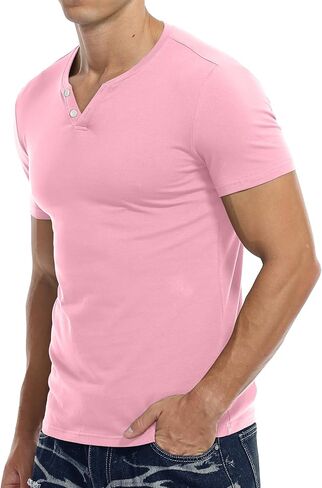 KUYIGO Mens Henley Shirts Slim Fit Short Sleeve Fashion Cotton Tops Tee in Kuwait
