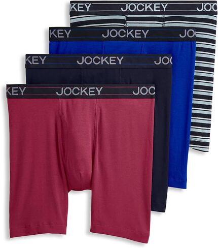 Jockey Men's Underwear Lightweight Cotton Blend 7" Long Leg Boxer Brief - 4 Pack, Bluest Blue/Suitable Stripe/True Navy/Red Pear, M in Saudi Arabia