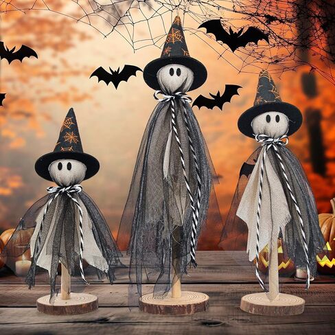 Wooden Ghost Halloween Decorations Indoor– Set of 3 Sizes Rustic Shelf Sitters with Fabric Ghost Figures – Halloween Table Decor for Tiered Tray, Mantel, Halloween Party Supplies（White） in Saudi Arabia