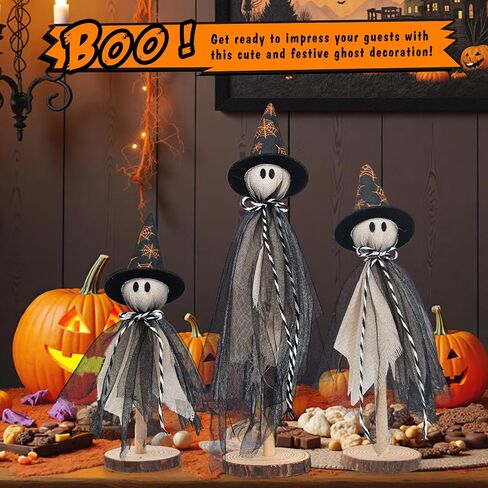 Wooden Ghost Halloween Decorations Indoor– Set of 3 Sizes Rustic Shelf Sitters with Fabric Ghost Figures – Halloween Table Decor for Tiered Tray, Mantel, Halloween Party Supplies（White） in Saudi Arabia