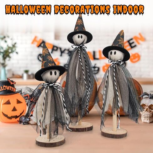 Wooden Ghost Halloween Decorations Indoor– Set of 3 Sizes Rustic Shelf Sitters with Fabric Ghost Figures – Halloween Table Decor for Tiered Tray, Mantel, Halloween Party Supplies（White） in Saudi Arabia
