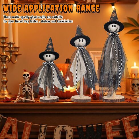 Wooden Ghost Halloween Decorations Indoor– Set of 3 Sizes Rustic Shelf Sitters with Fabric Ghost Figures – Halloween Table Decor for Tiered Tray, Mantel, Halloween Party Supplies（White） in Saudi Arabia