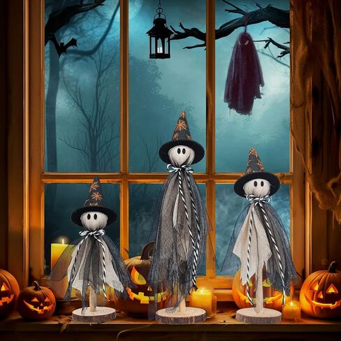 Wooden Ghost Halloween Decorations Indoor– Set of 3 Sizes Rustic Shelf Sitters with Fabric Ghost Figures – Halloween Table Decor for Tiered Tray, Mantel, Halloween Party Supplies（White） in Saudi Arabia