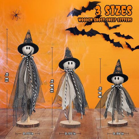 Wooden Ghost Halloween Decorations Indoor– Set of 3 Sizes Rustic Shelf Sitters with Fabric Ghost Figures – Halloween Table Decor for Tiered Tray, Mantel, Halloween Party Supplies（White） in Saudi Arabia