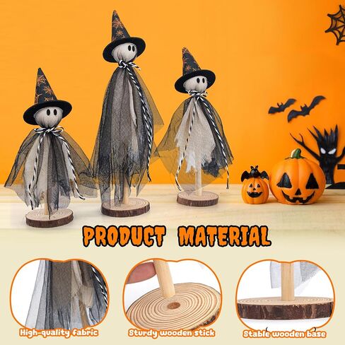 Wooden Ghost Halloween Decorations Indoor– Set of 3 Sizes Rustic Shelf Sitters with Fabric Ghost Figures – Halloween Table Decor for Tiered Tray, Mantel, Halloween Party Supplies（White） in Saudi Arabia