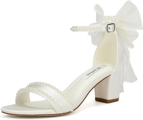 Bow Heels Pearl Wedding Shoes for Bride Low Block Heel Wedding Sandals Open Toe Bridal Shoes in Kuwait