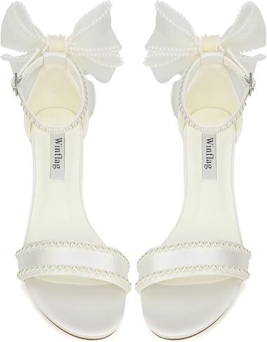Bow Heels Pearl Wedding Shoes for Bride Low Block Heel Wedding Sandals Open Toe Bridal Shoes in Kuwait