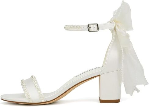 Bow Heels Pearl Wedding Shoes for Bride Low Block Heel Wedding Sandals Open Toe Bridal Shoes in Kuwait