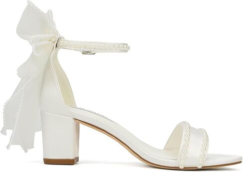 Bow Heels Pearl Wedding Shoes for Bride Low Block Heel Wedding Sandals Open Toe Bridal Shoes in Kuwait