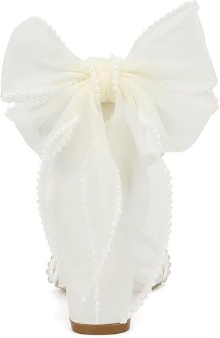 Bow Heels Pearl Wedding Shoes for Bride Low Block Heel Wedding Sandals Open Toe Bridal Shoes in Kuwait