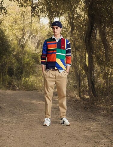 قميص رجبي مخطط بأكمام طويلة للرجال من POLO RALPH LAUREN (ذهبي، كحلي، مقاس نحيف مخصص، S) in Saudi Arabia