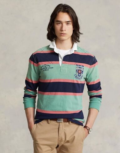 قميص رجبي مخطط بأكمام طويلة للرجال من POLO RALPH LAUREN (ذهبي، كحلي، مقاس نحيف مخصص، S) in Saudi Arabia