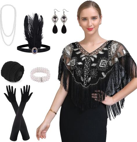 PLULON 1920s Flapper Accessories Set Sequin Shawl for Women Great Gatsby Costume in Saudi Arabia