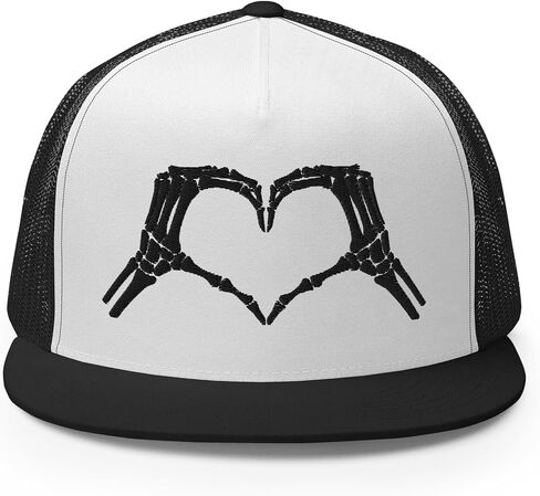 NG Skeleton Hands Heart Sign Embroidered Flat Bill Trucker Hat High Crown Adjustable Halloween Women Cap in Saudi Arabia