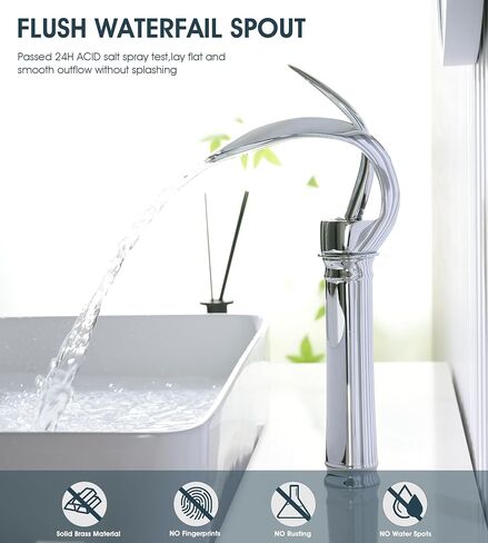 Elegant Bathroom Sink Faucet Single Hole,AUU Waterfall Matte Black Vessel Sink Faucet Solid Brass,Single Handle Tall Bowl Sink Faucet with Pop Up Drian Supply Line (Black, Tall) in Saudi Arabia