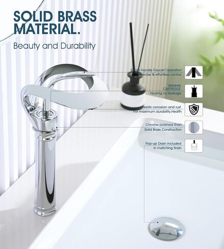Elegant Bathroom Sink Faucet Single Hole,AUU Waterfall Matte Black Vessel Sink Faucet Solid Brass,Single Handle Tall Bowl Sink Faucet with Pop Up Drian Supply Line (Black, Tall) in Saudi Arabia
