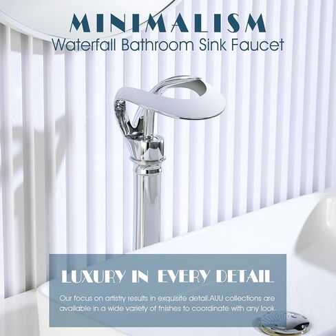 Elegant Bathroom Sink Faucet Single Hole,AUU Waterfall Matte Black Vessel Sink Faucet Solid Brass,Single Handle Tall Bowl Sink Faucet with Pop Up Drian Supply Line (Black, Tall) in Saudi Arabia