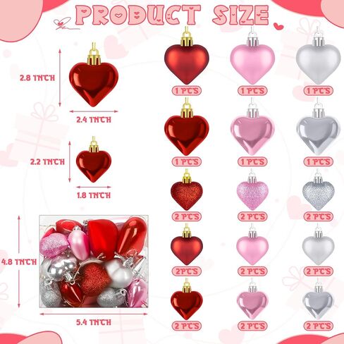 MELISHEER 24PCS VALENTINES DAY HEART الحلي ، حلي معلق من الفضة الوردي الأحمر الكلاسيكي مع أحجامين ، زينة عيد الحب للشجرة ، ديكور الحب في الهواء الطلق هدية حفل زفاف في الهواء الطلق in Kuwait