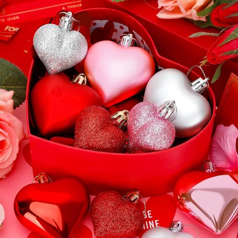 MELISHEER 24PCS VALENTINES DAY HEART الحلي ، حلي معلق من الفضة الوردي الأحمر الكلاسيكي مع أحجامين ، زينة عيد الحب للشجرة ، ديكور الحب في الهواء الطلق هدية حفل زفاف في الهواء الطلق in Kuwait