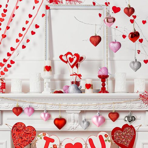 MELISHEER 24PCS VALENTINES DAY HEART الحلي ، حلي معلق من الفضة الوردي الأحمر الكلاسيكي مع أحجامين ، زينة عيد الحب للشجرة ، ديكور الحب في الهواء الطلق هدية حفل زفاف في الهواء الطلق in Kuwait