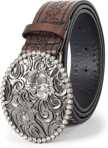 INOGIH Womens-Vintage-Western-Leather-Belt Rhinestone-Cowboy-Cowgirl Belt with Diamond Flower-Buckle for 28"-38" Waistline in Saudi Arabia