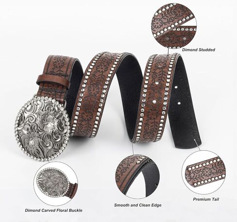 INOGIH Womens-Vintage-Western-Leather-Belt Rhinestone-Cowboy-Cowgirl Belt with Diamond Flower-Buckle for 28"-38" Waistline in Saudi Arabia