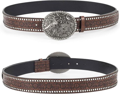 INOGIH Womens-Vintage-Western-Leather-Belt Rhinestone-Cowboy-Cowgirl Belt with Diamond Flower-Buckle for 28"-38" Waistline in Saudi Arabia