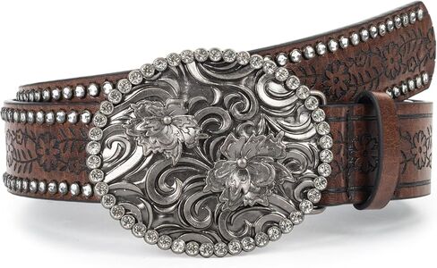 INOGIH Womens-Vintage-Western-Leather-Belt Rhinestone-Cowboy-Cowgirl Belt with Diamond Flower-Buckle for 28"-38" Waistline in Saudi Arabia