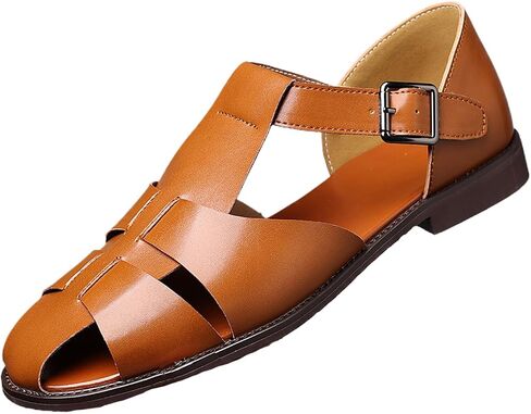 Men's Leather Hollow Flat Fisherman Sandals with Buckle Comfortable Round Toe Breathable Low Heel Non-slip Roman Sandals for Leisure, Work, Driving in Saudi Arabia