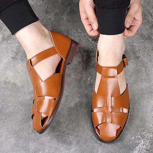 Men's Leather Hollow Flat Fisherman Sandals with Buckle Comfortable Round Toe Breathable Low Heel Non-slip Roman Sandals for Leisure, Work, Driving in Saudi Arabia