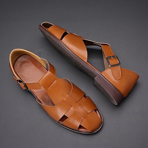 Men's Leather Hollow Flat Fisherman Sandals with Buckle Comfortable Round Toe Breathable Low Heel Non-slip Roman Sandals for Leisure, Work, Driving in Saudi Arabia