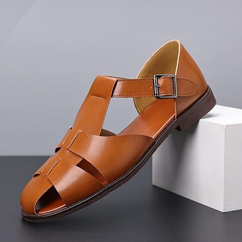 Men's Leather Hollow Flat Fisherman Sandals with Buckle Comfortable Round Toe Breathable Low Heel Non-slip Roman Sandals for Leisure, Work, Driving in Saudi Arabia