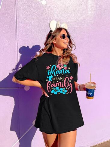 Ohana تعني عائلة Tshirt Women Hawaiian Dorts Hawaii Tropical Graphic Tees Summer Beach قمم قصيرة الأكمام in Saudi Arabia