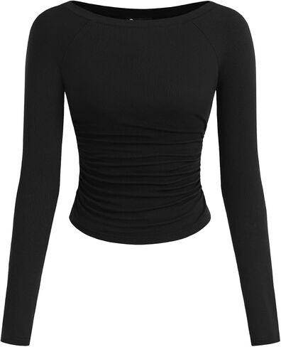 PRETTYGARDEN Long Sleeve Shirts for Women 2025 Fall Ruched Sides Boat Neck Basic Tee Casual Fitted Ribbed Knit Crop Tops in Saudi Arabia