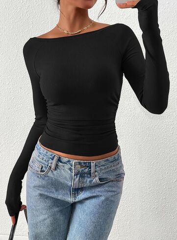 PRETTYGARDEN Long Sleeve Shirts for Women 2025 Fall Ruched Sides Boat Neck Basic Tee Casual Fitted Ribbed Knit Crop Tops in Saudi Arabia