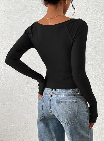 PRETTYGARDEN Long Sleeve Shirts for Women 2025 Fall Ruched Sides Boat Neck Basic Tee Casual Fitted Ribbed Knit Crop Tops in Saudi Arabia