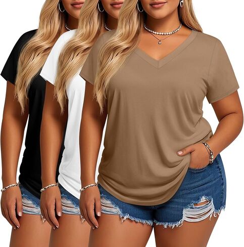3 Pack Women's Plus Size T-Shirts, V Neck Short Sleeve Shirts Loose Fit Curved Hem Tees Casual Swing Tops in Kuwait