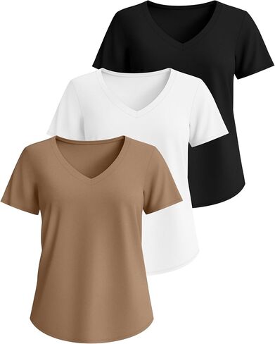 3 Pack Women's Plus Size T-Shirts, V Neck Short Sleeve Shirts Loose Fit Curved Hem Tees Casual Swing Tops in Kuwait